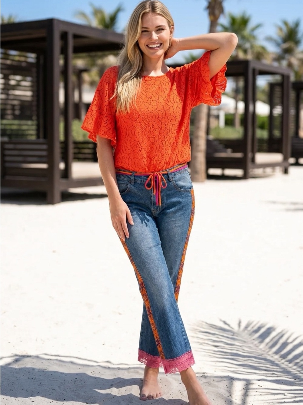 Relaxed Boyfriend Jeans with Orange Trim and Pink Hem
